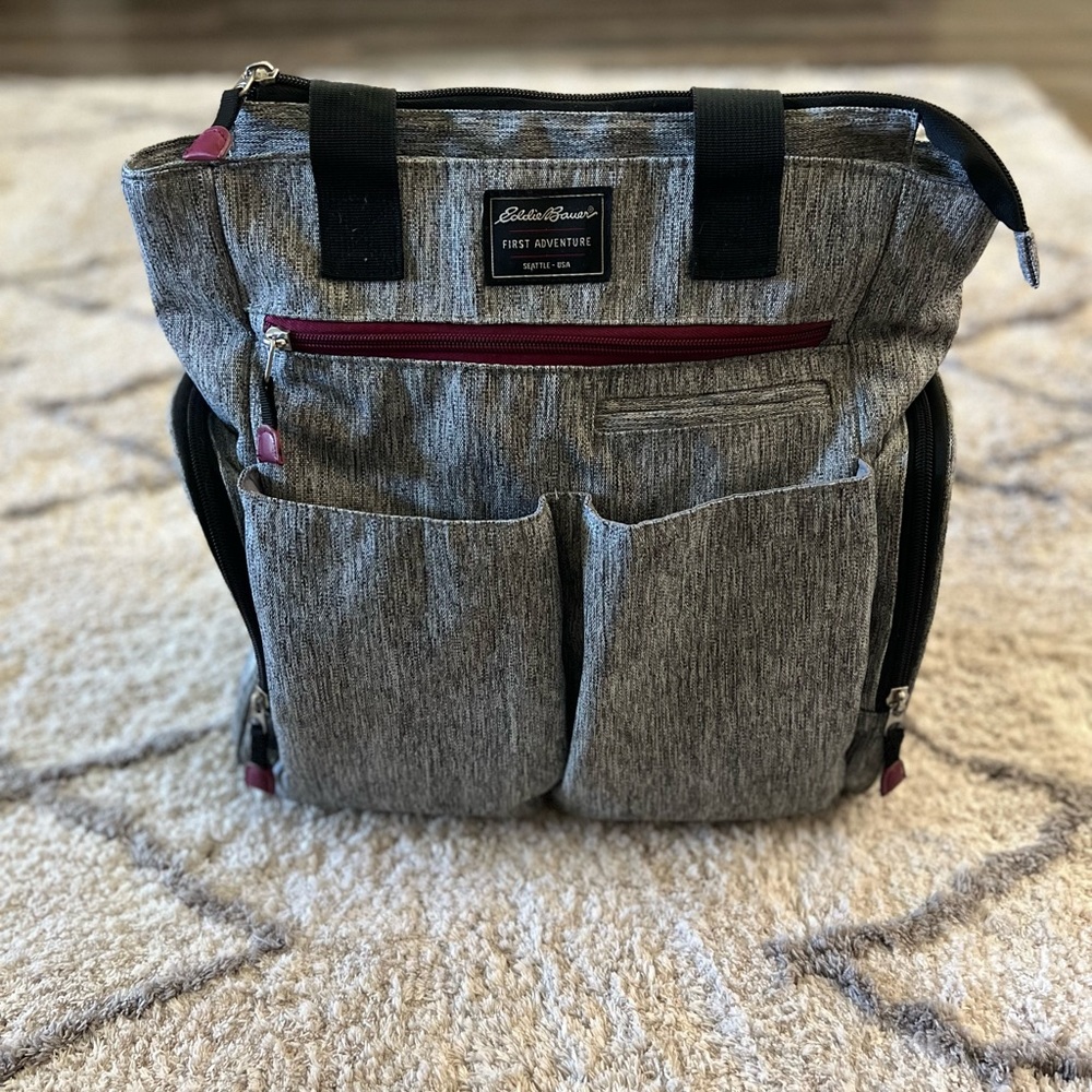 Eddie Bauer diaper bag gray black and dark pink accents